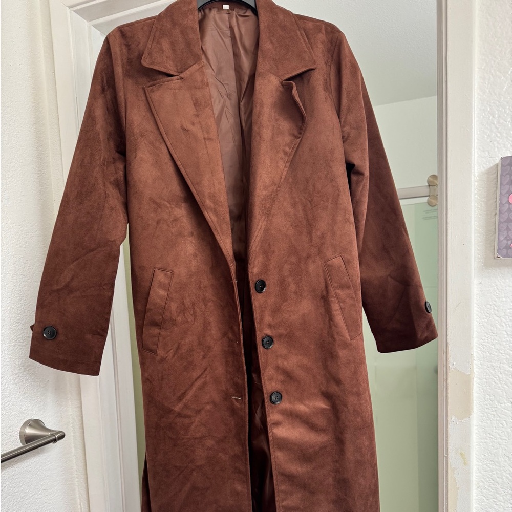 Casual Loose Retro Solid Chocolate color belted microfiber coat